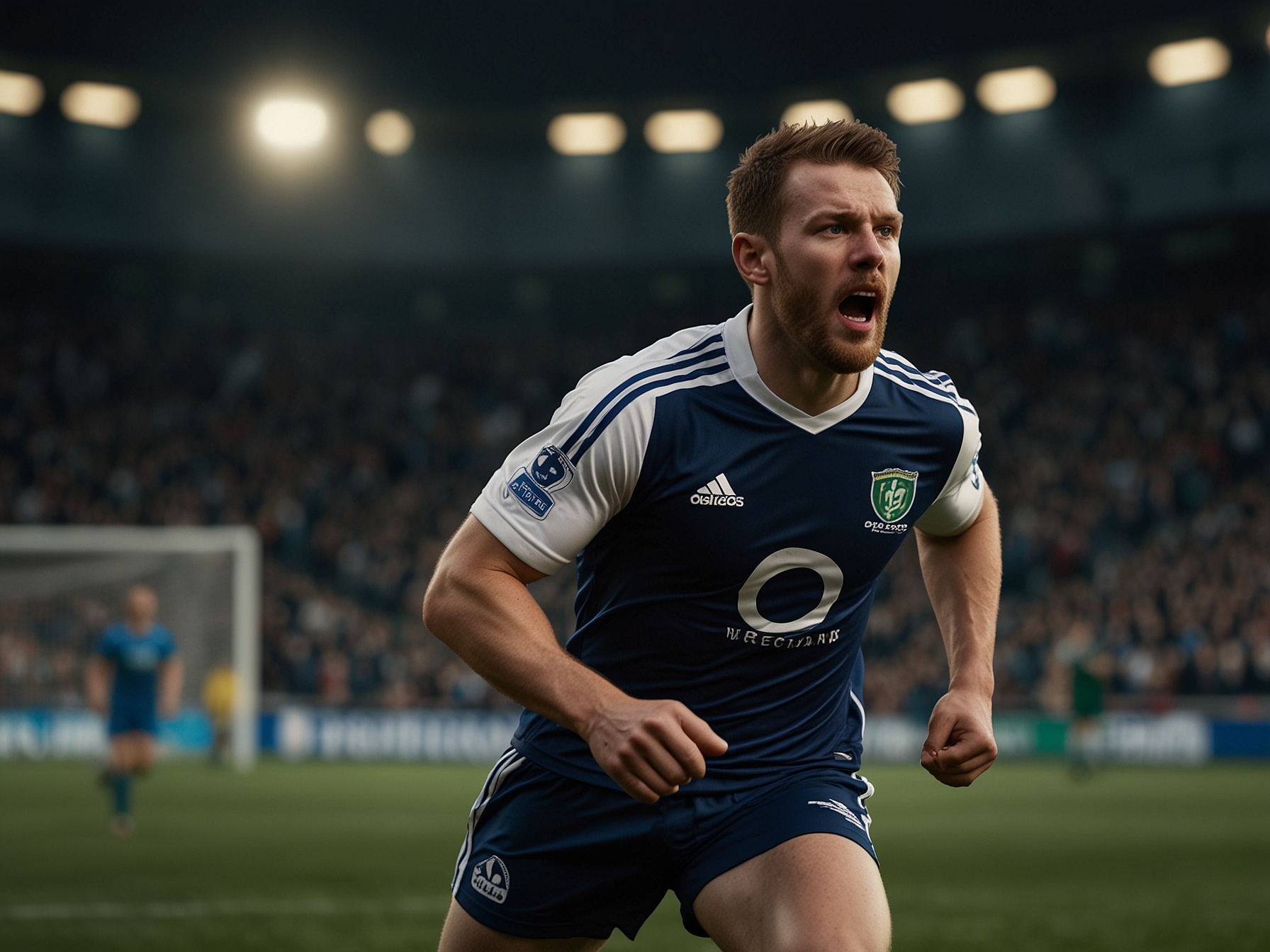 Irish Gaelic football player celebrating with stadium lights in background